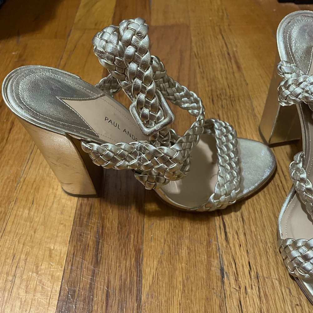 Women’s Paul Andrew gold metallic leather woven strap block heel sandals,size 37